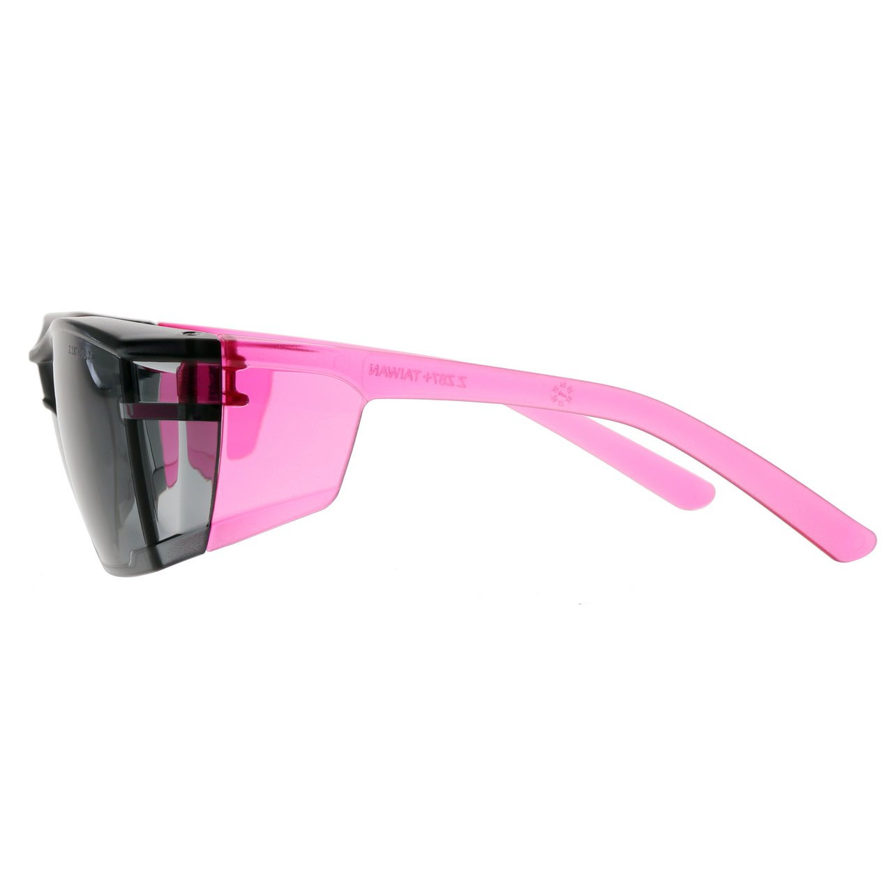 Pink wraparound safety glasses with smoke lenses, left side view