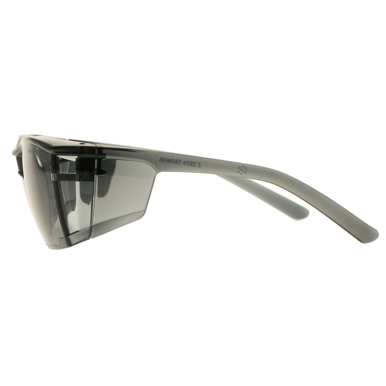 Gray wraparound safety glasses with smoke lenses, angled side view