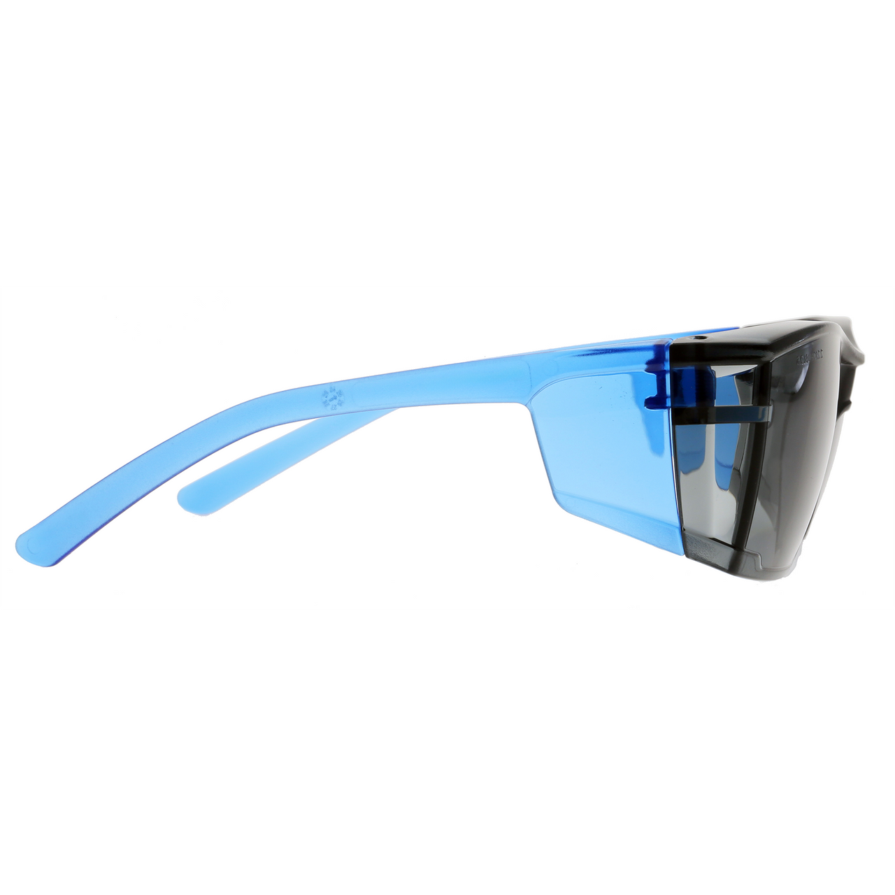 Blue wraparound safety glasses with smoke lenses, right side view