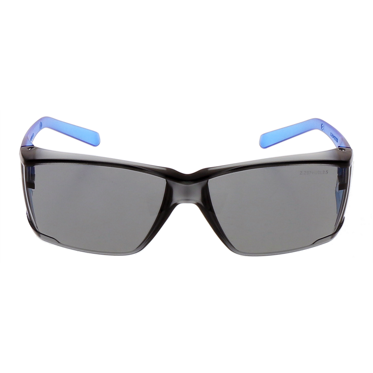 Blue and black safety sunglasses with smoke lenses, front view
