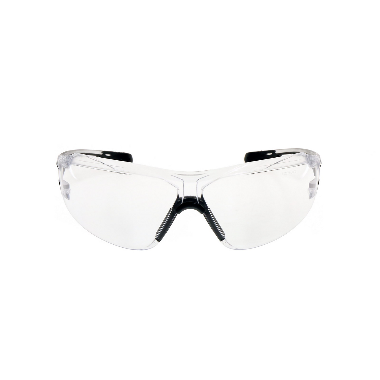 Clear lens wraparound safety glasses with brow guard, front view
