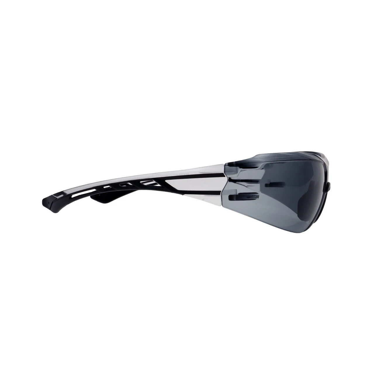 Gray lens safety glasses with black temples, side view