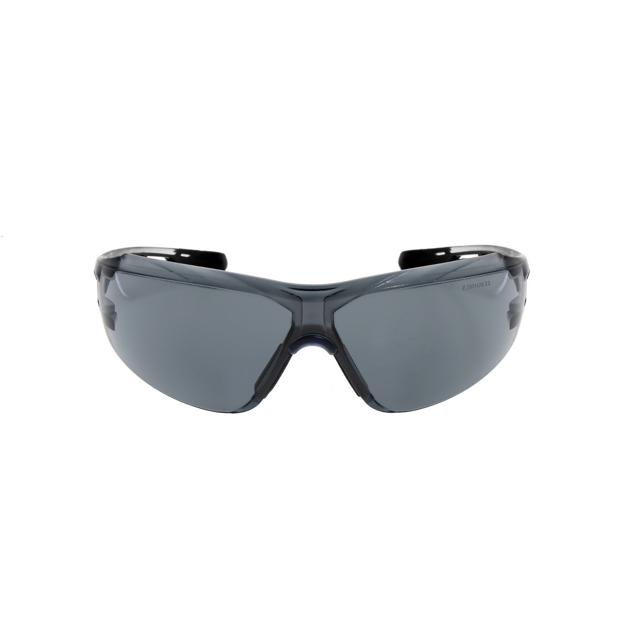 Gray lens wraparound safety glasses with brow guard, front view