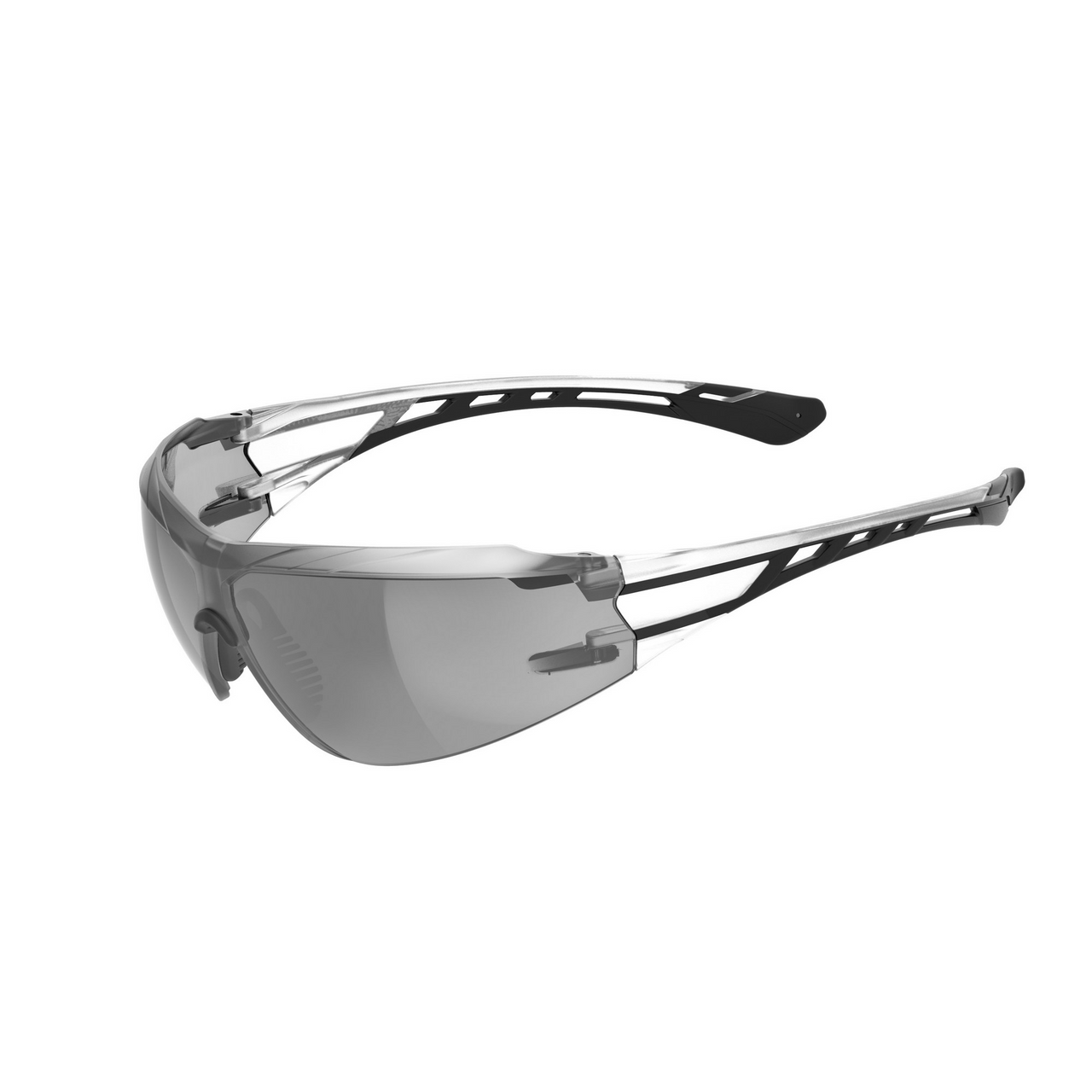 Gray lens wraparound safety glasses with black temple tips, alternate angled front view