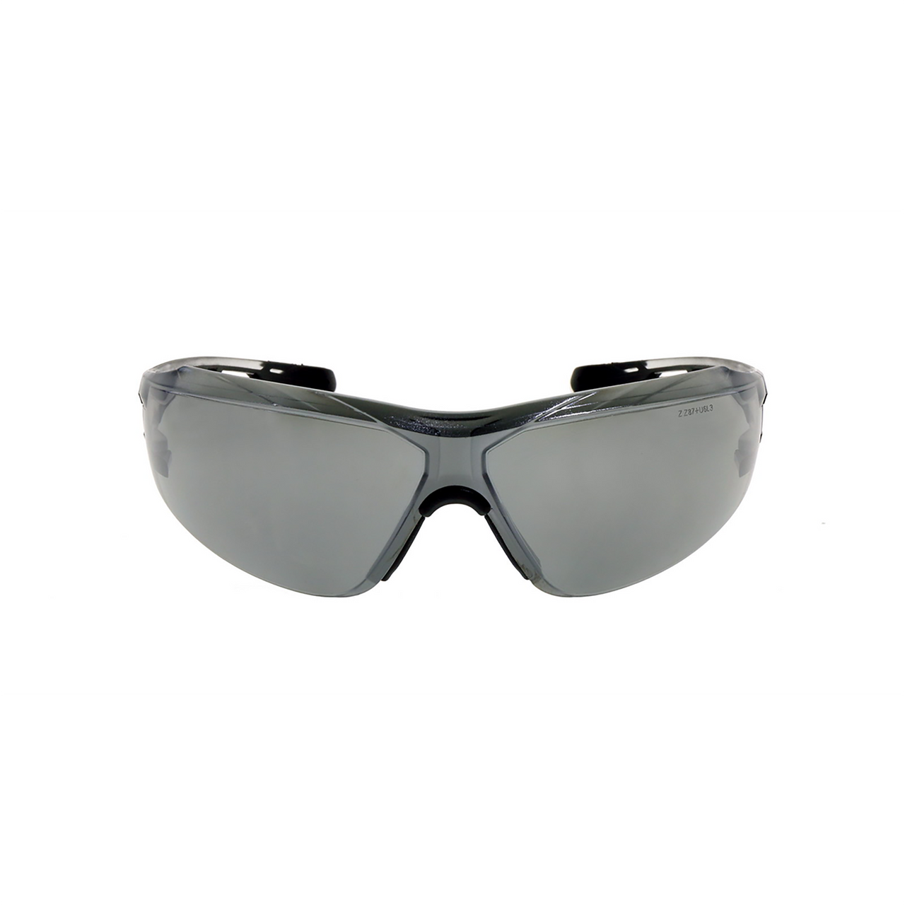 Gray lens wraparound safety glasses with brow guard, front view