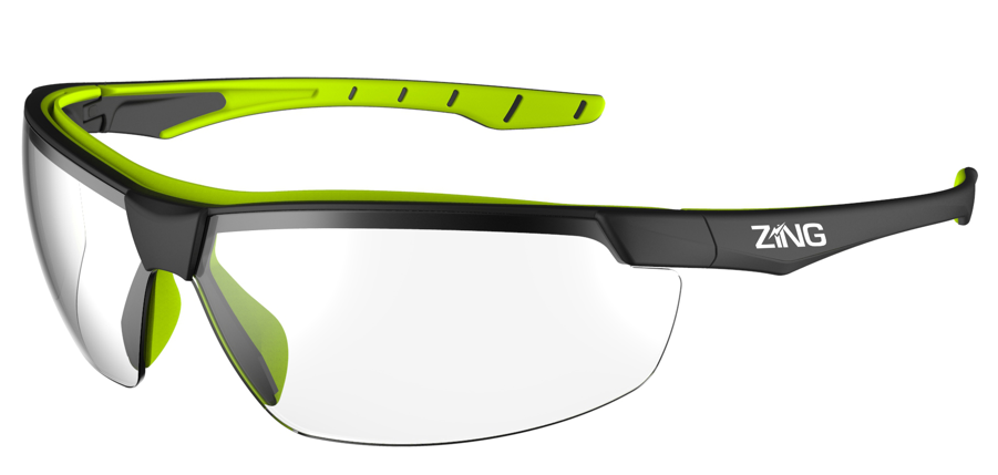 Safety glasses with clear lens and black frame with lime green accents, angled view