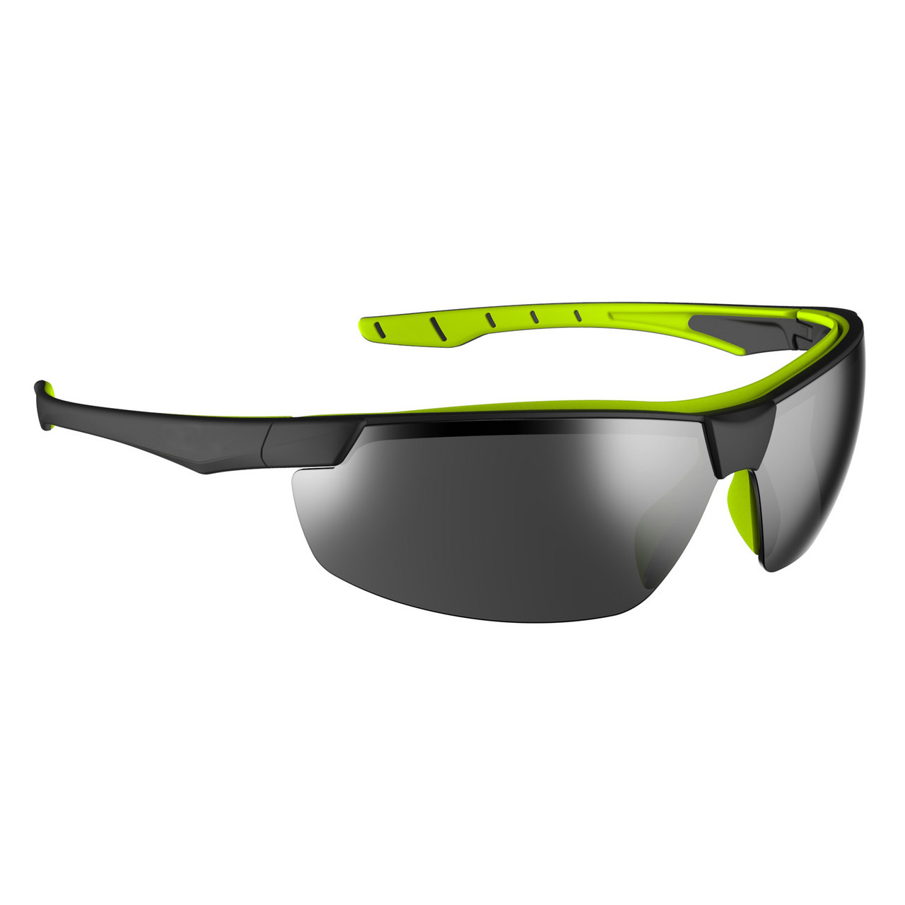 Safety glasses with dark tinted lens and black frame with lime green accents, alternate angled view
