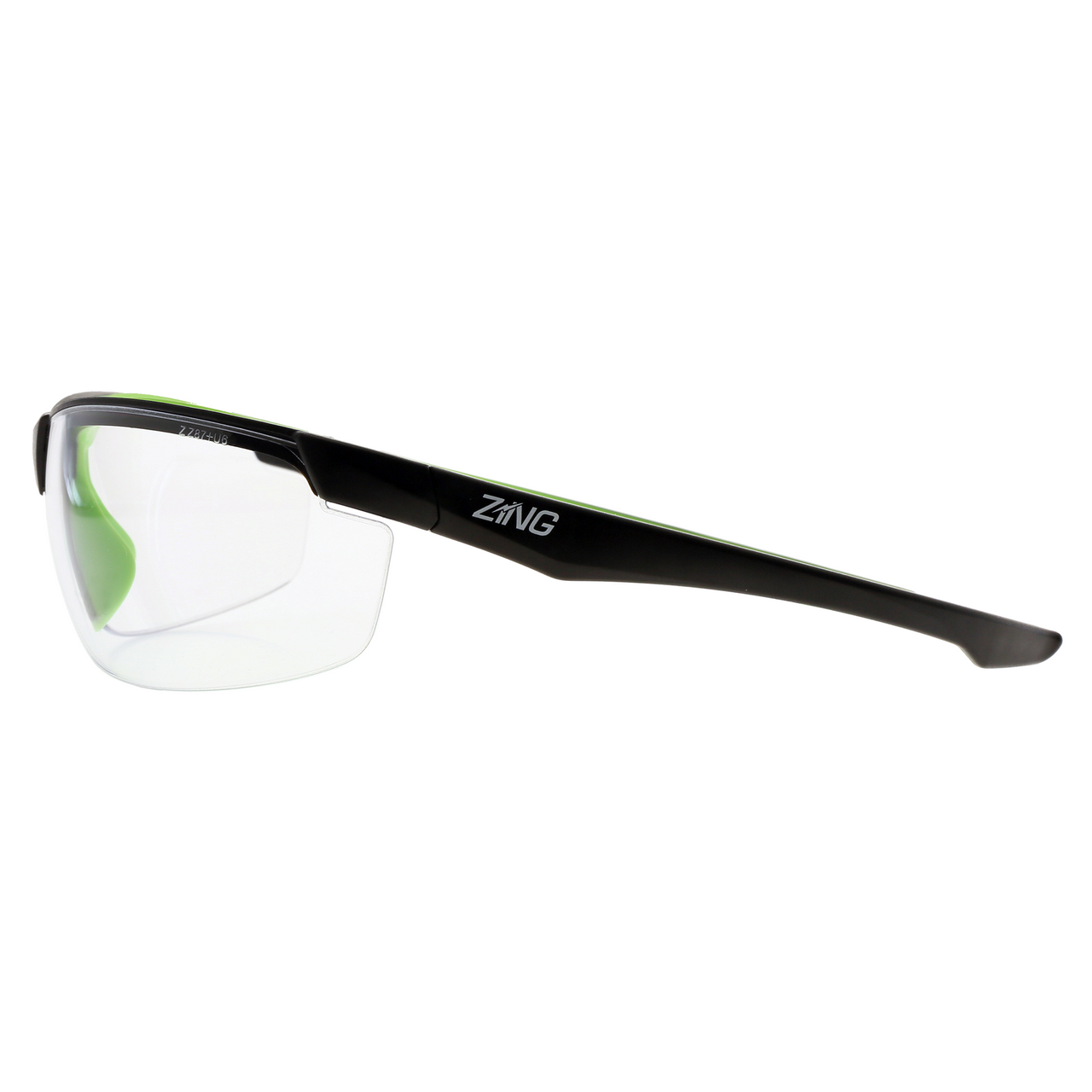 Safety glasses with clear lens and black frame with lime green accents, opposite side view