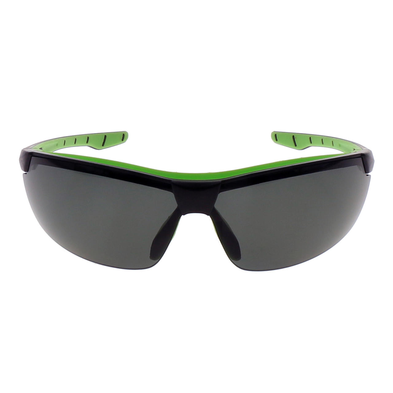 Wraparound tinted safety glasses with black and lime green frame, front view