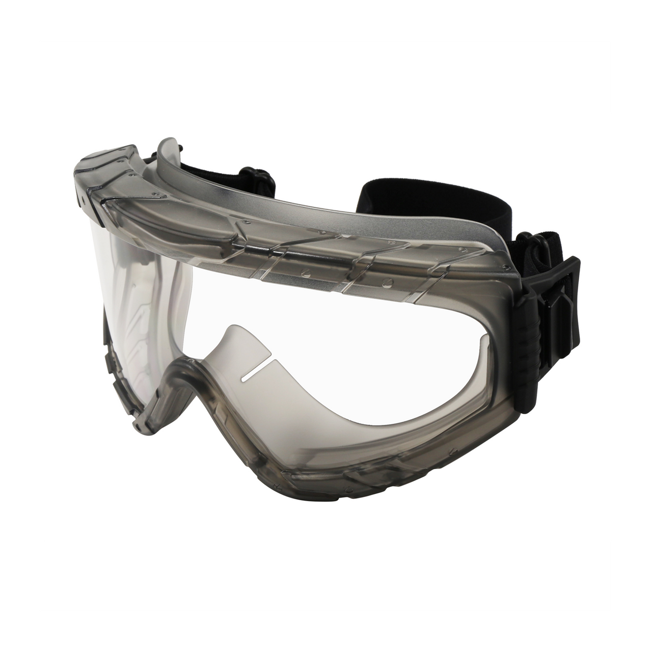 Indirect vent safety goggles with clear anti-fog lens and adjustable black elastic strap, angled front view