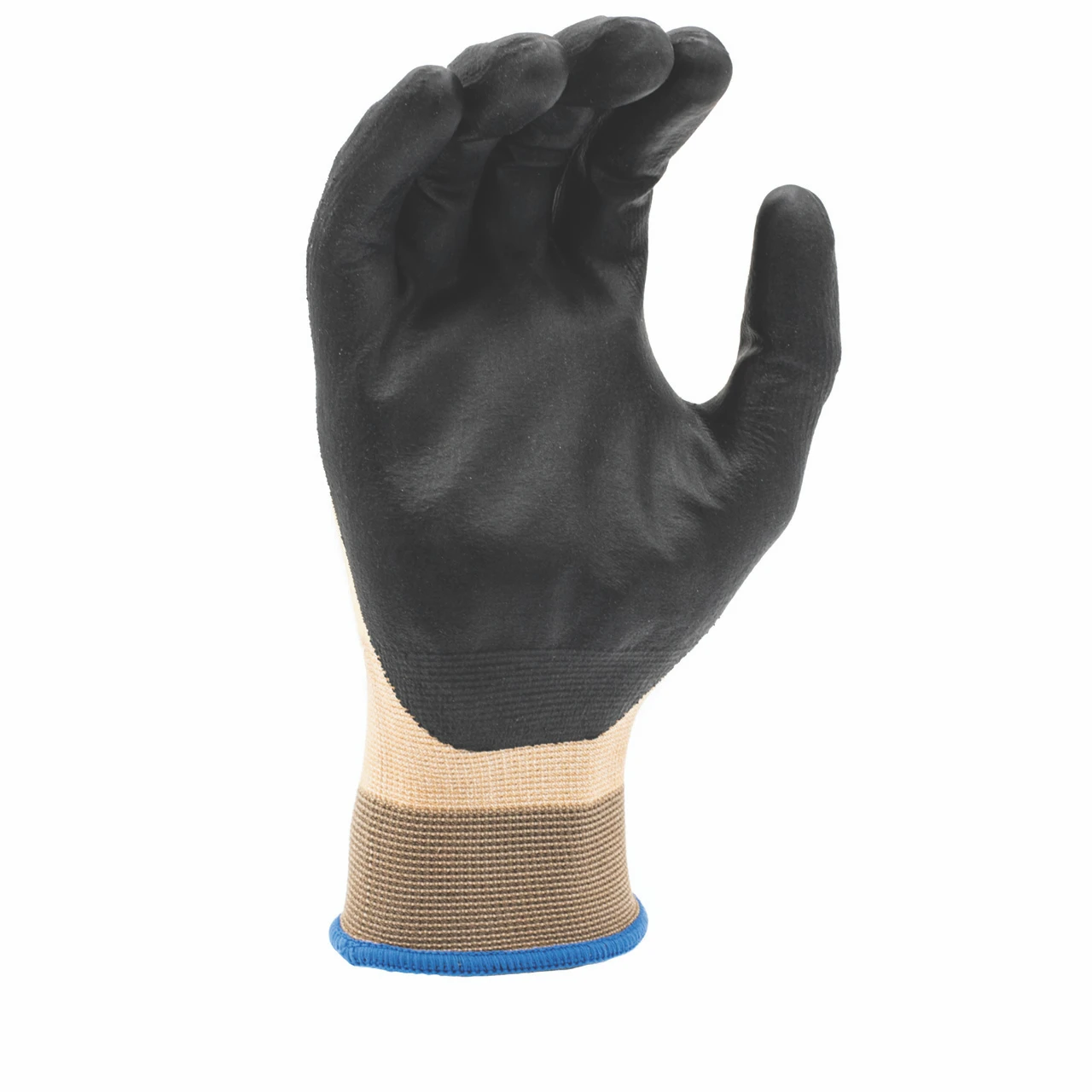 Tan knit work glove with black coated palm, palm view