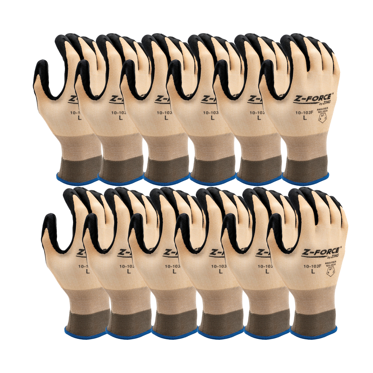 Pack of tan cut-resistant knit work gloves with black palm coating and blue cuffs