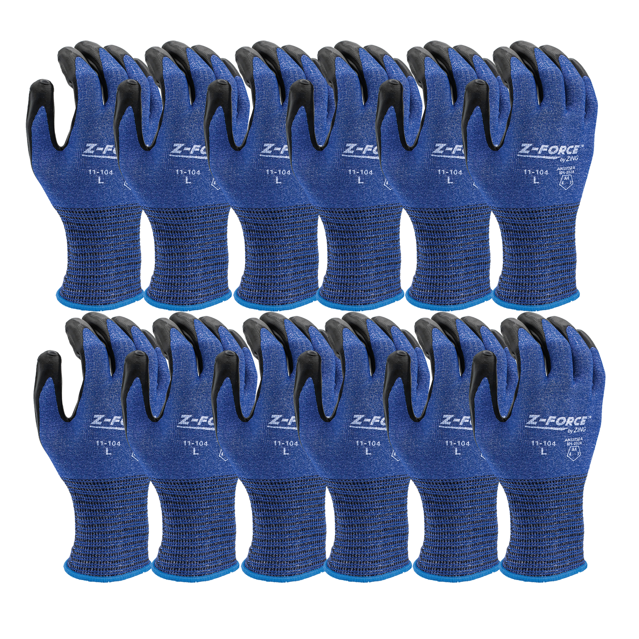 Pack of blue knit work gloves with black palm coating and black cuffs