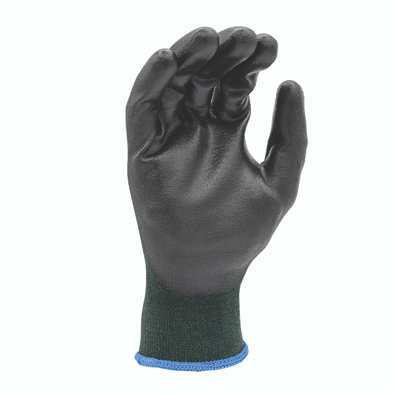 Black coated work glove with green knit cuff, palm view