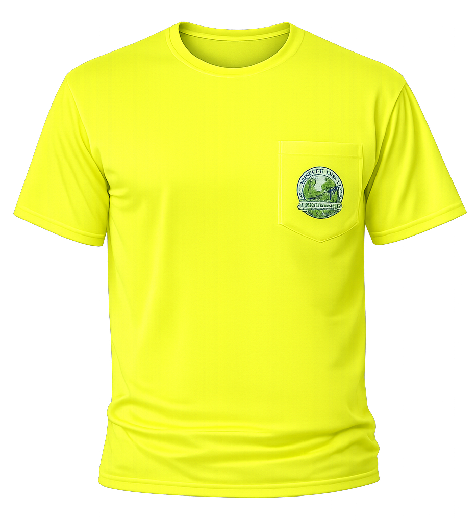 Front view of high-visibility safety-yellow polyester T-shirt with left chest pocket and Earth Day graphic printed on the pocket.