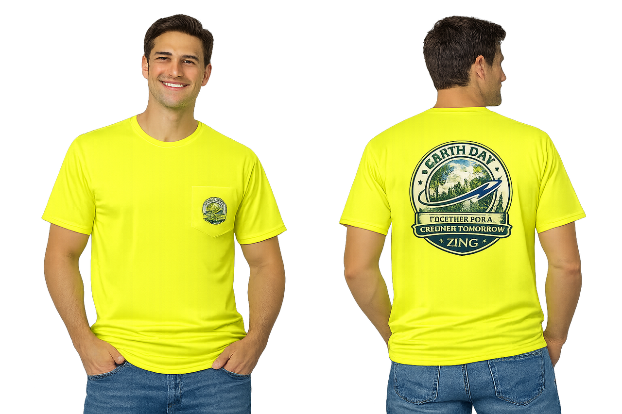 Front and back product view of high-visibility safety-yellow polyester T-shirt shown on model, featuring a left chest Earth Day pocket graphic and large Earth Day back graphic.