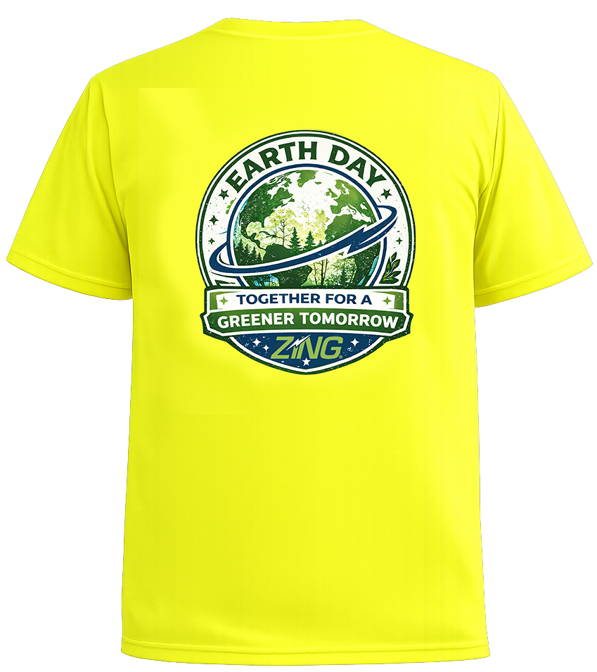 High-visibility yellow Earth Day T-shirt shown from the back, featuring a large full-color graphic with a globe, trees, and the message “Earth Day Together for a Greener Tomorrow” above the Zing logo.