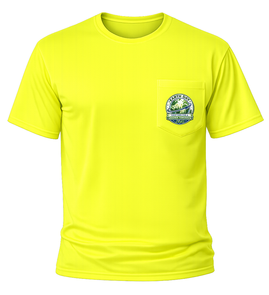 High-visibility yellow Earth Day T-shirt shown from the front, featuring a left chest pocket with a small full-color Earth Day graphic and Zing logo.