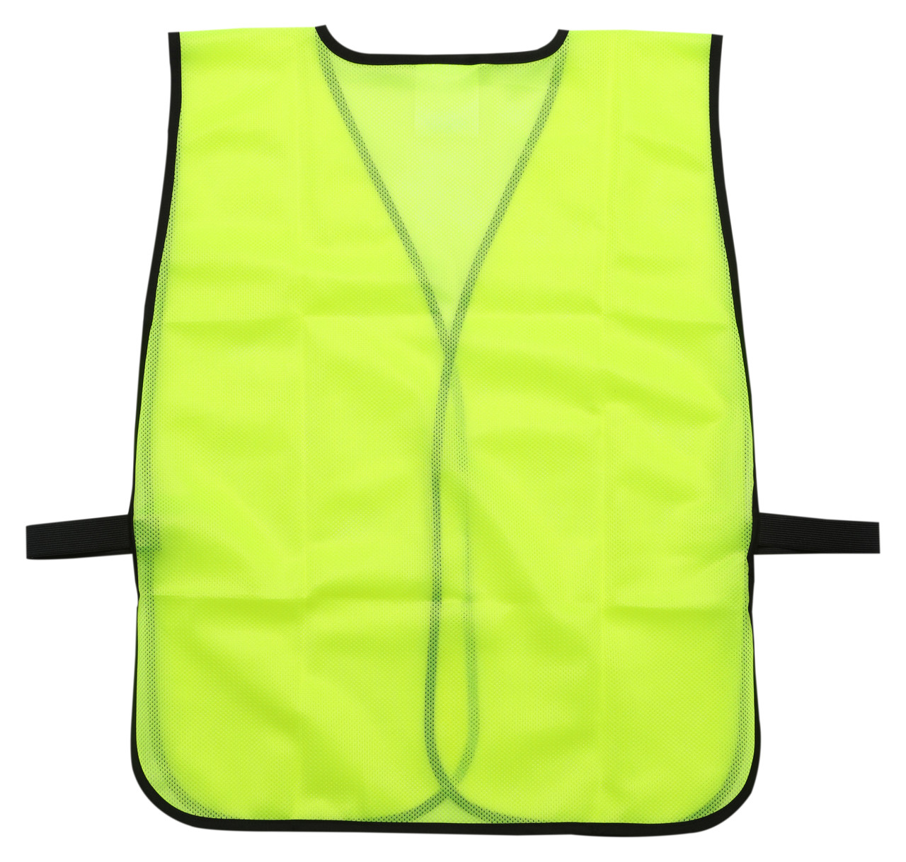 Back view of orange non-ANSI mesh safety vest with black trim and elastic side strap