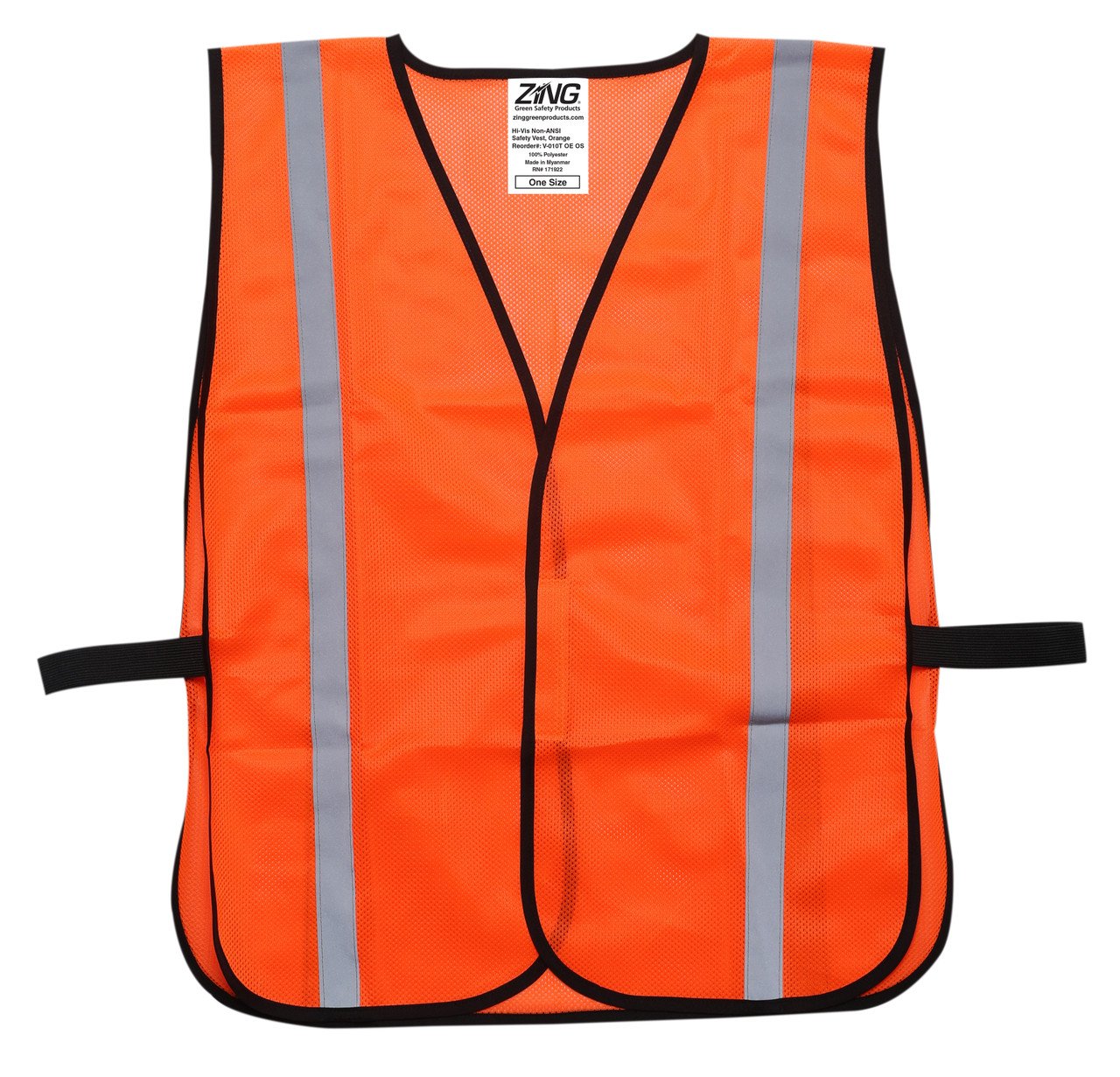 Front view of an orange high visibility mesh safety vest with two vertical reflective stripes, black trim, a hook and loop front closure, and elastic side straps