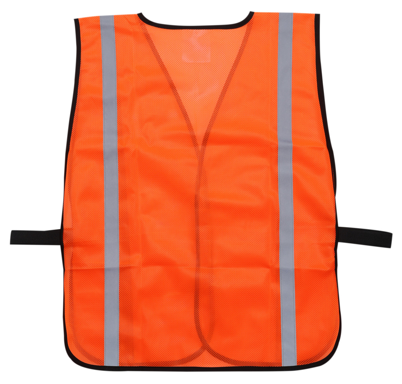 Back view of an orange high visibility mesh safety vest featuring two vertical reflective stripes, black trim, and elastic side straps for flexible wear.