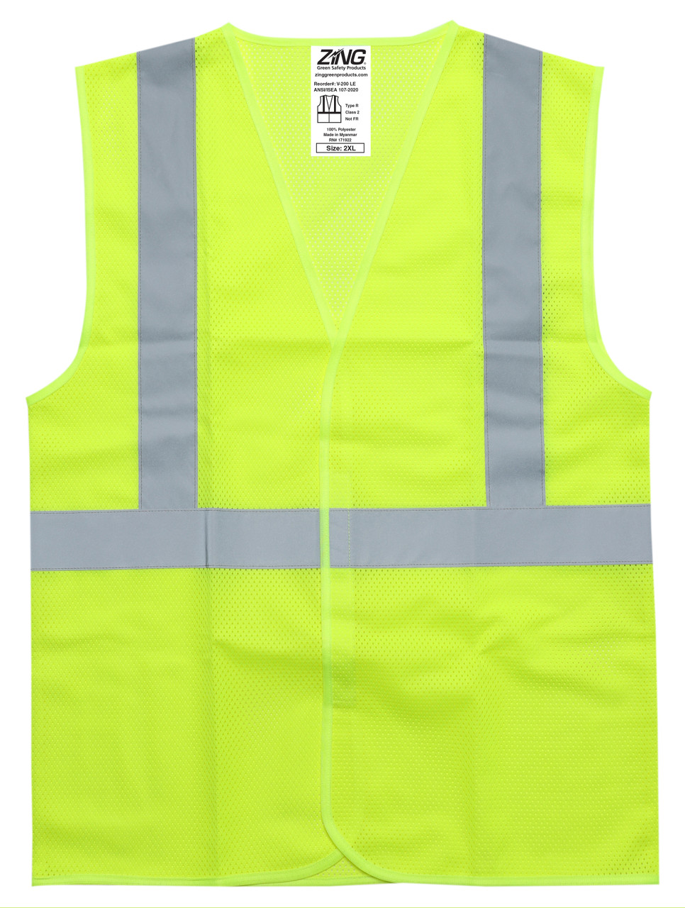 Z-Force V-200 lime high visibility economy Class 2 Type R mesh safety vest front view with hook and loop closure