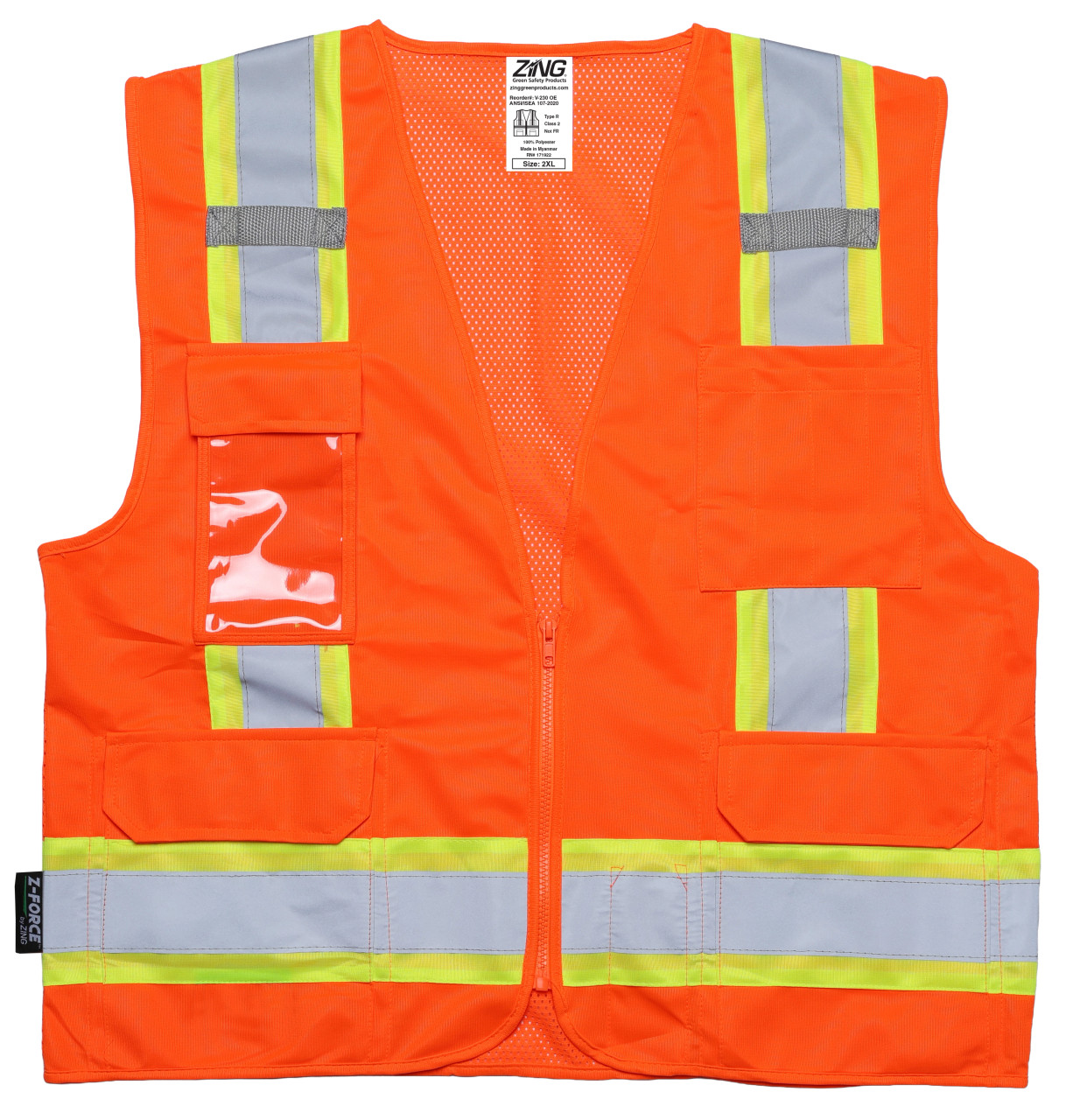 Z-Force orange high-visibility surveyor vest front view with zipper closure, badge holder, mic tabs, and multiple pockets