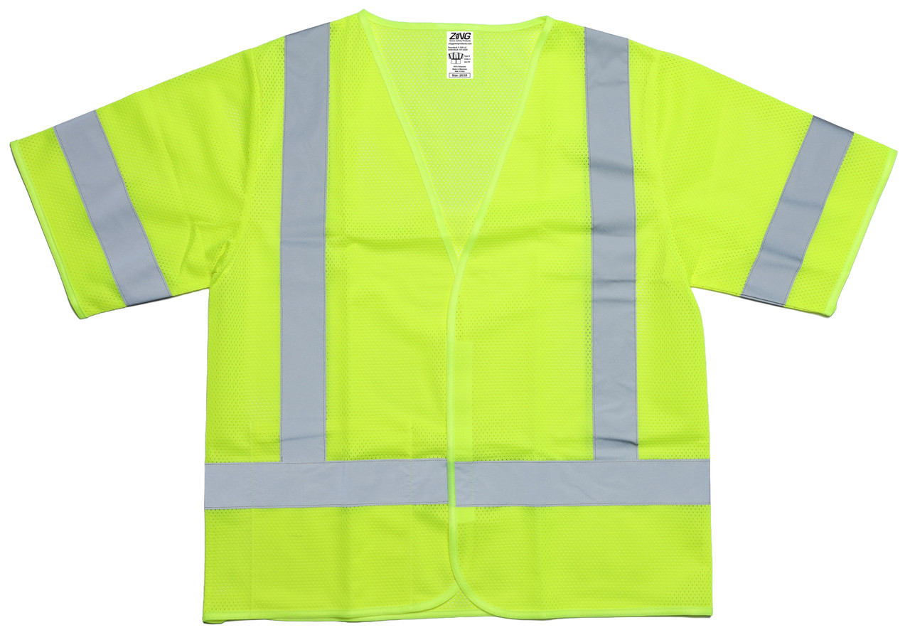 Zing Green high visibility lime mesh safety vest front view with reflective striping