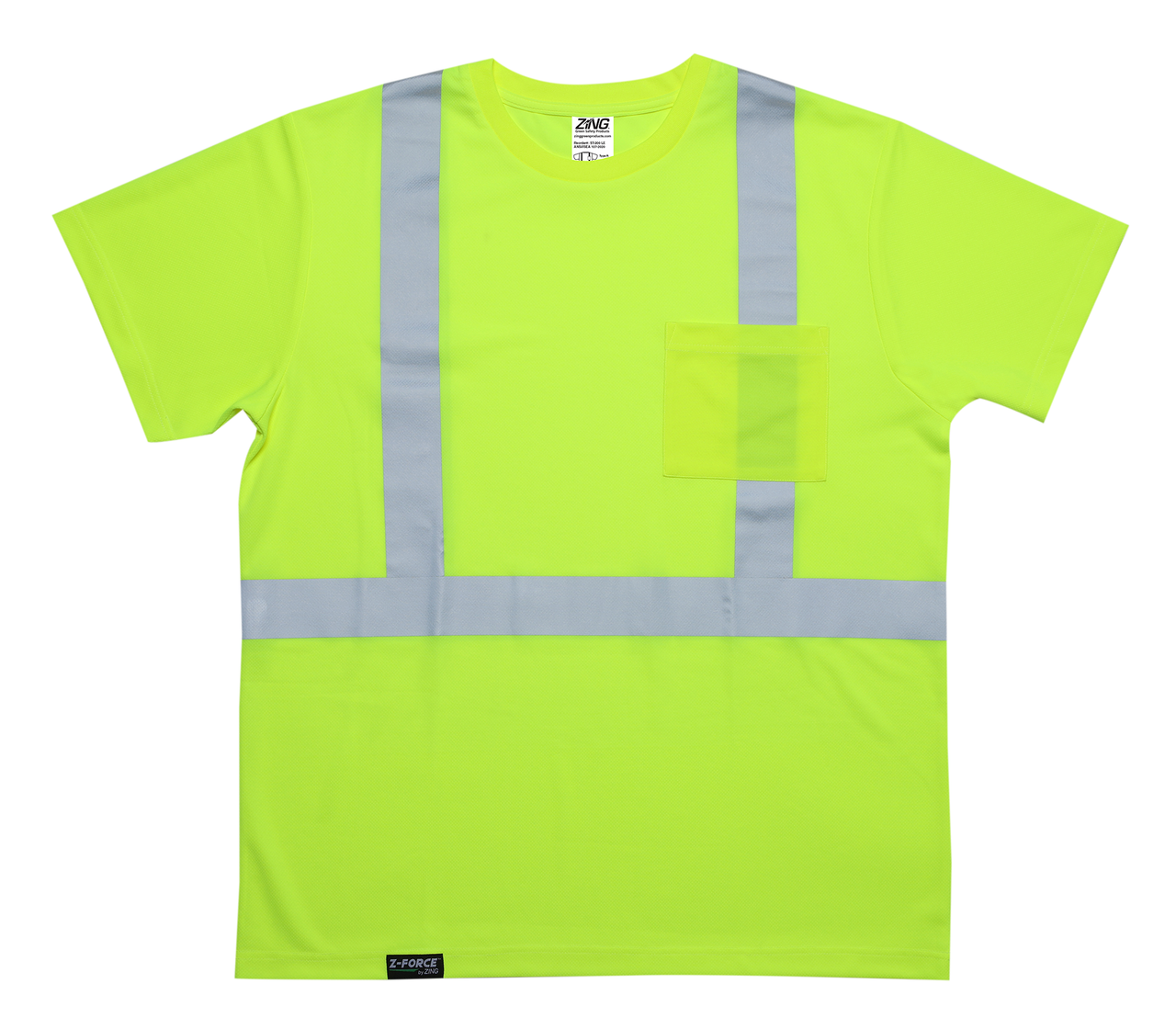 High visibility lime short sleeve safety shirt with chest pocket and silver reflective striping front view