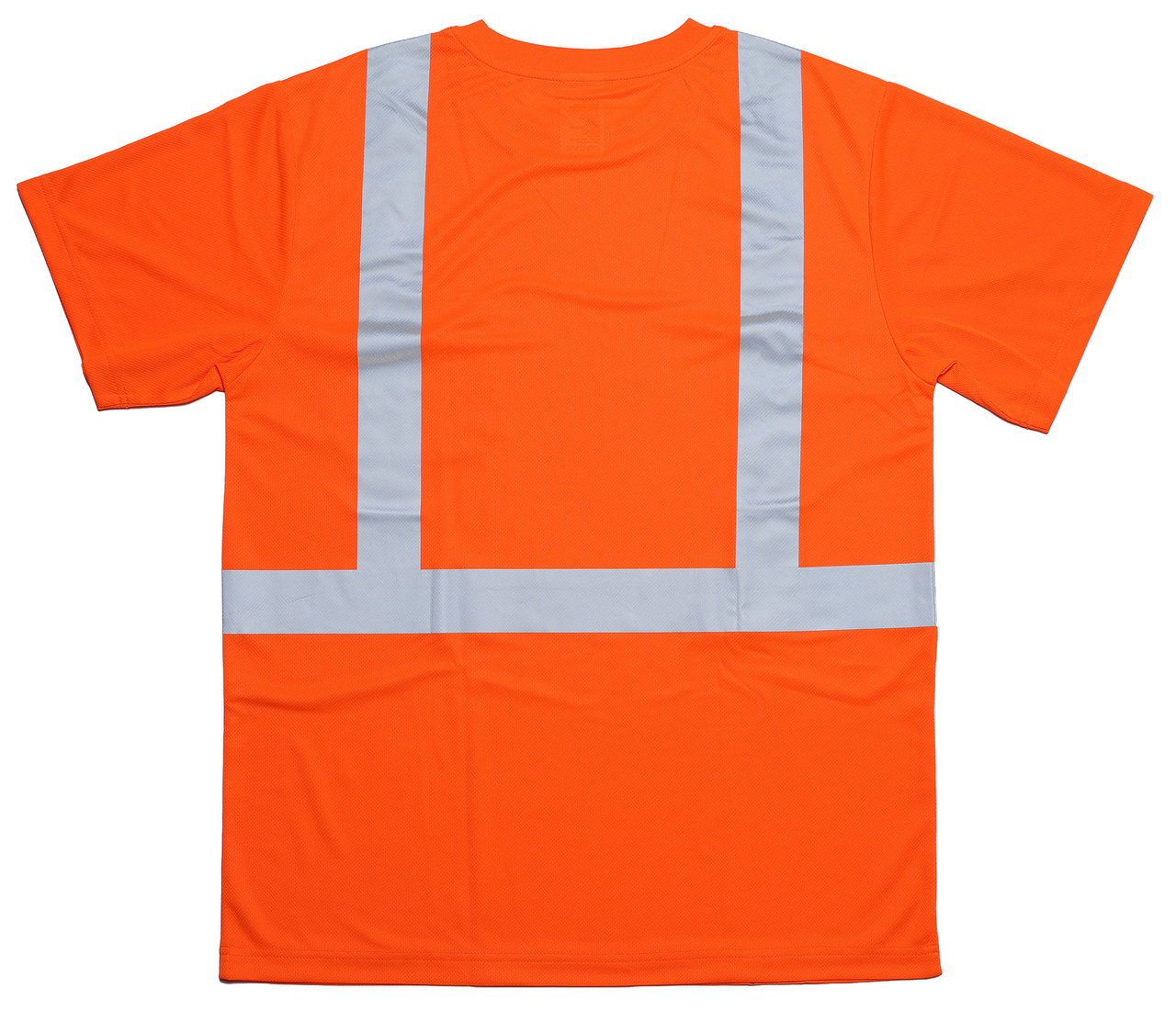 High visibility orange short sleeve safety shirt with silver reflective striping back view