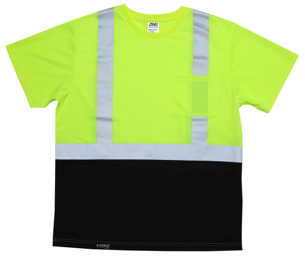High visibility lime safety shirt front view with chest pocket reflective striping and black lower panel