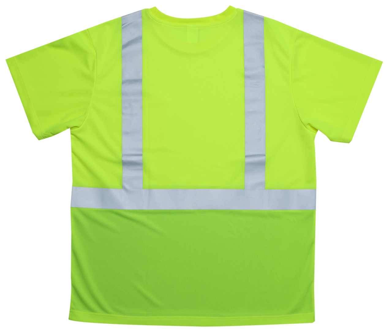 High visibility lime safety shirt back view with 2 inch reflective striping