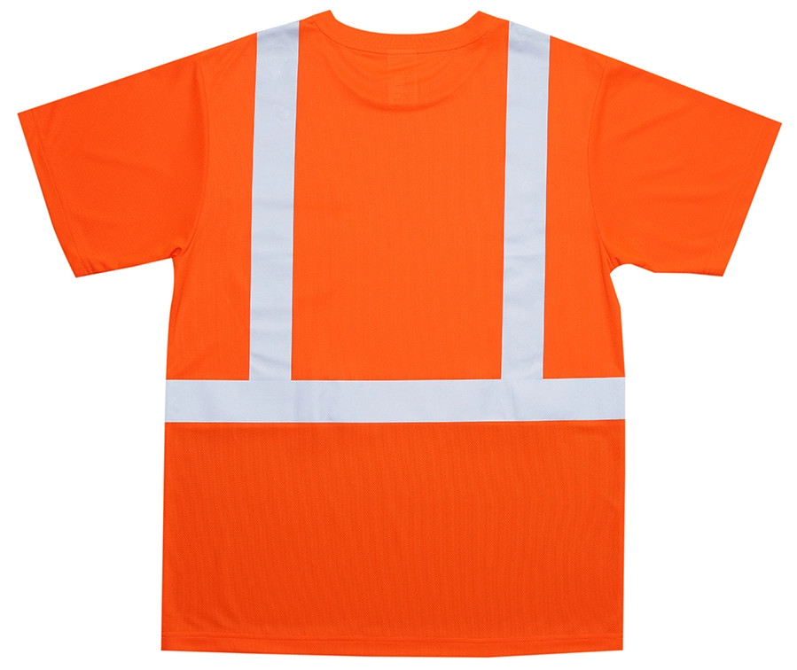 High visibility orange safety shirt front view with chest pocket reflective striping and black lower panel