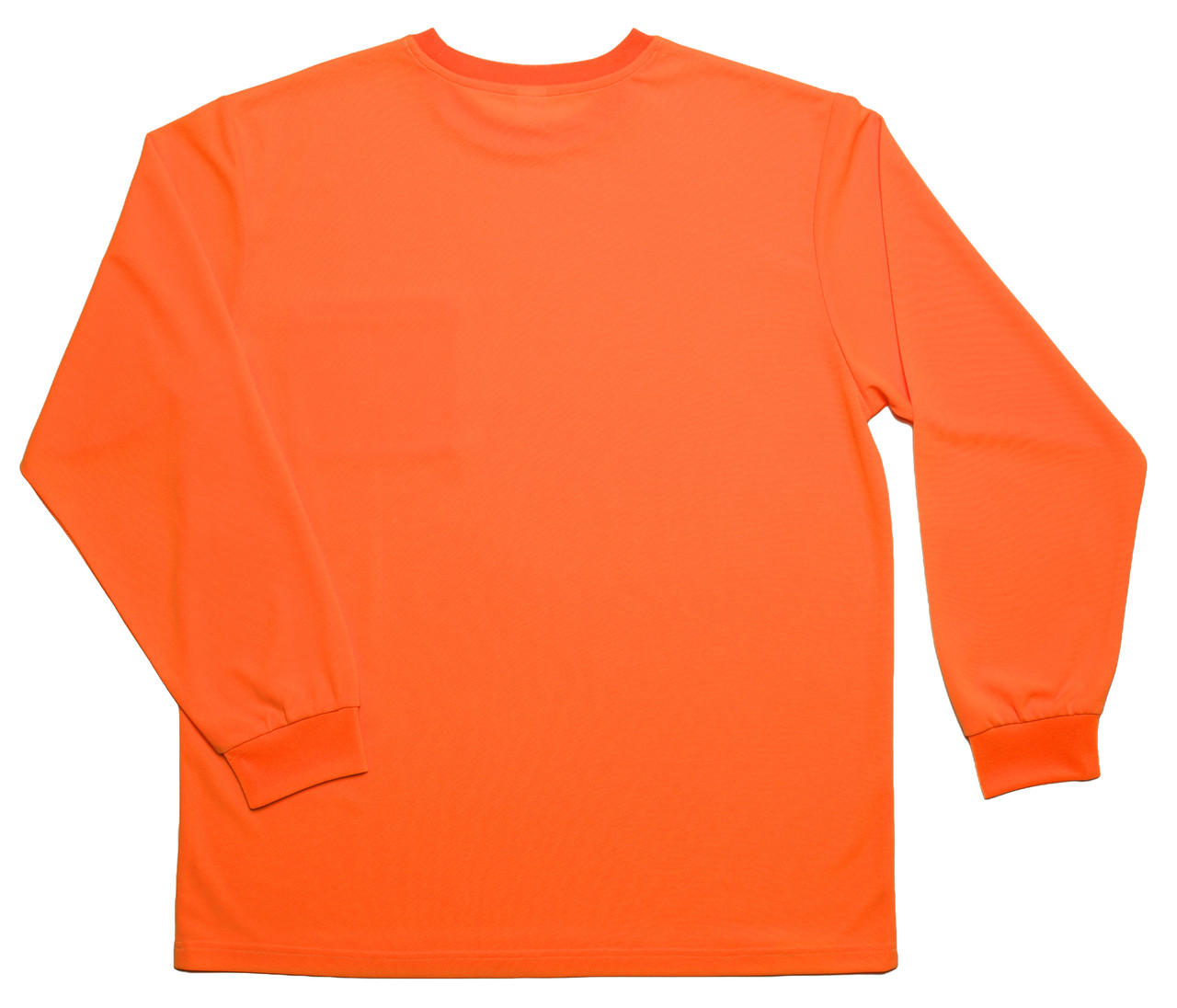 High visibility orange long sleeve shirt back view made from recycled bird's-eye mesh