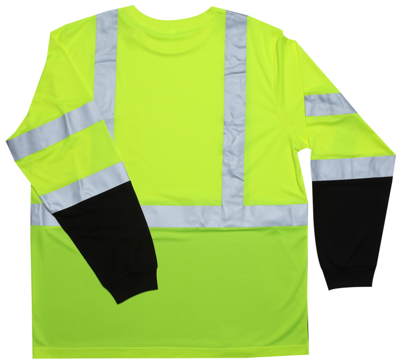 Back view of lime long sleeve high-visibility safety shirt with silver reflective striping and black sleeve cuffs