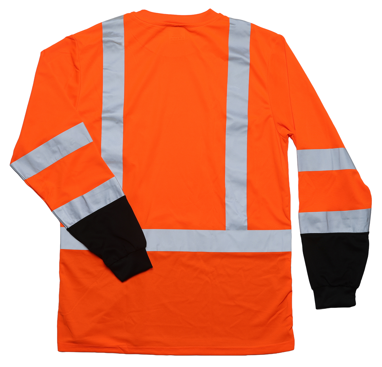 Back view of orange long sleeve high-visibility safety shirt with silver reflective striping and black sleeve cuffs