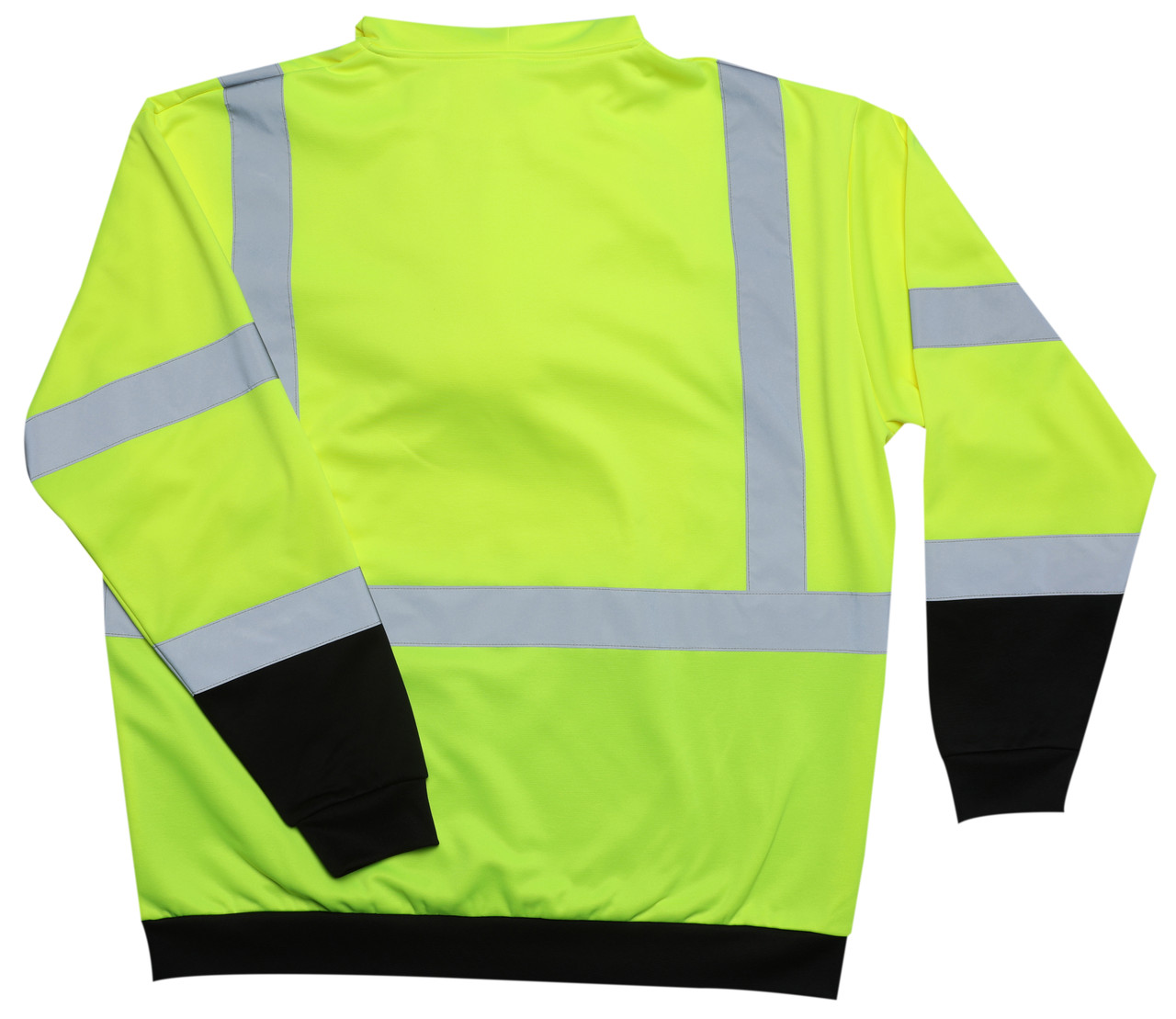 Back view of lime long sleeve high-visibility safety shirt with silver reflective striping and black sleeve cuffs