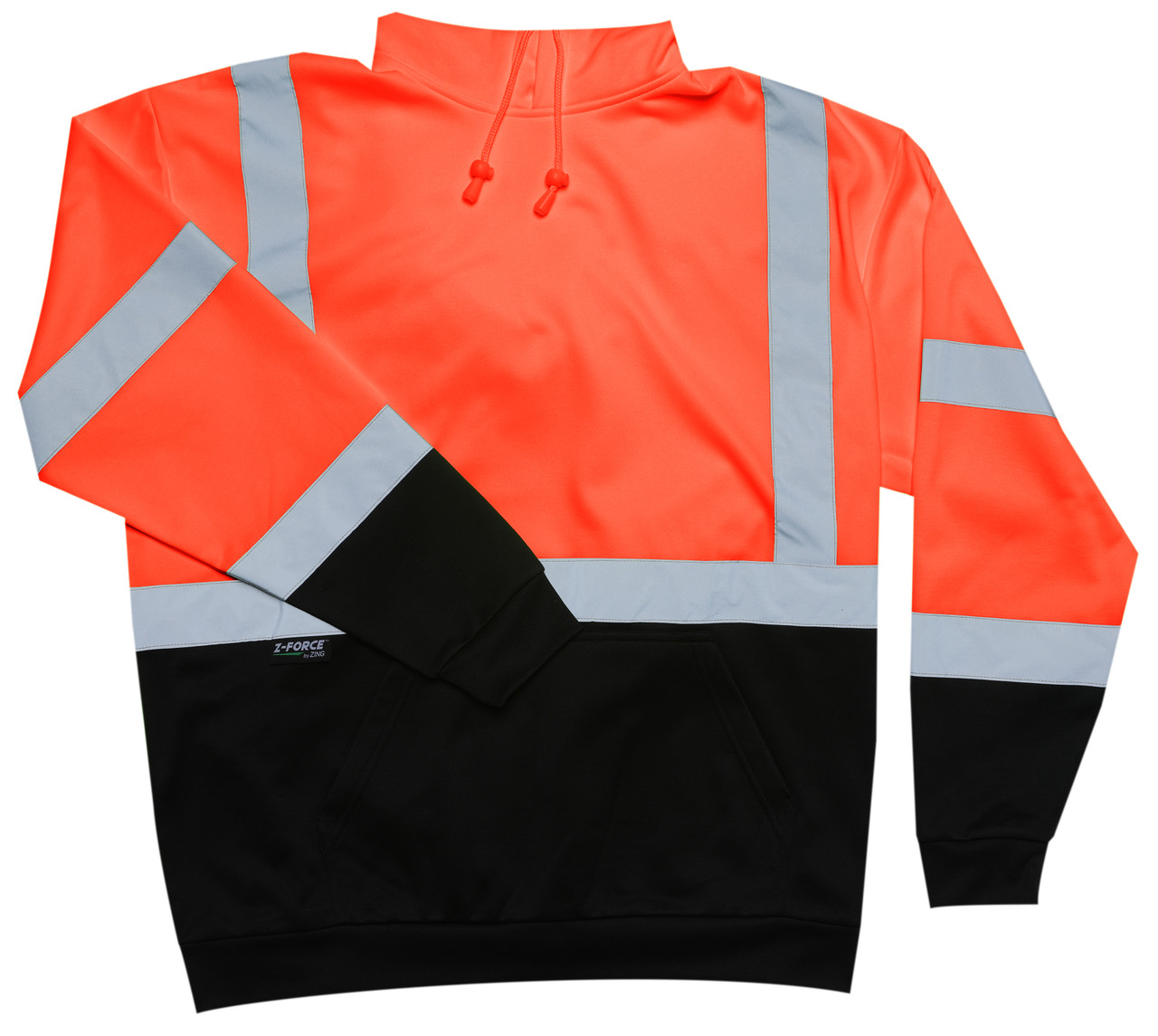 Front view of orange long sleeve high-visibility safety shirt with chest pocket, black lower panel, and silver reflective striping