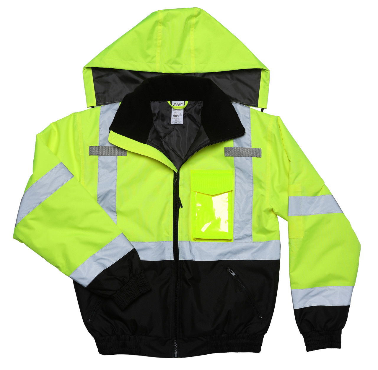 High-visibility lime insulated bomber jacket with reflective tape, black lower body, concealed hood, and chest radio pocket with clear badge holder