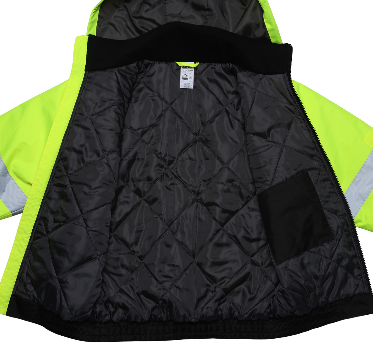 Full inside view of high-visibility bomber jacket with black quilted liner, attached hood, and interior storage pockets