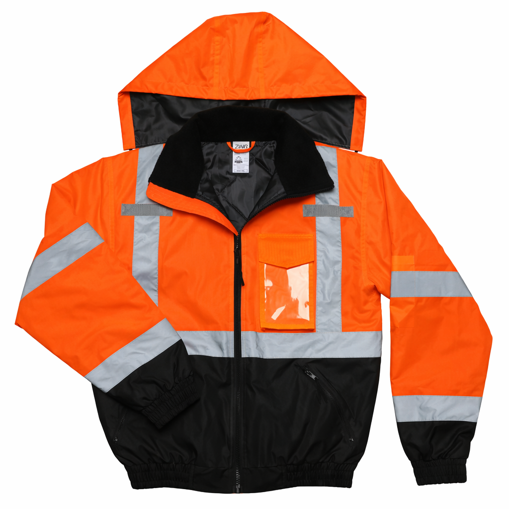 High-visibility orange insulated bomber jacket with reflective tape, black lower body, concealed hood, and chest radio pocket with clear badge holder