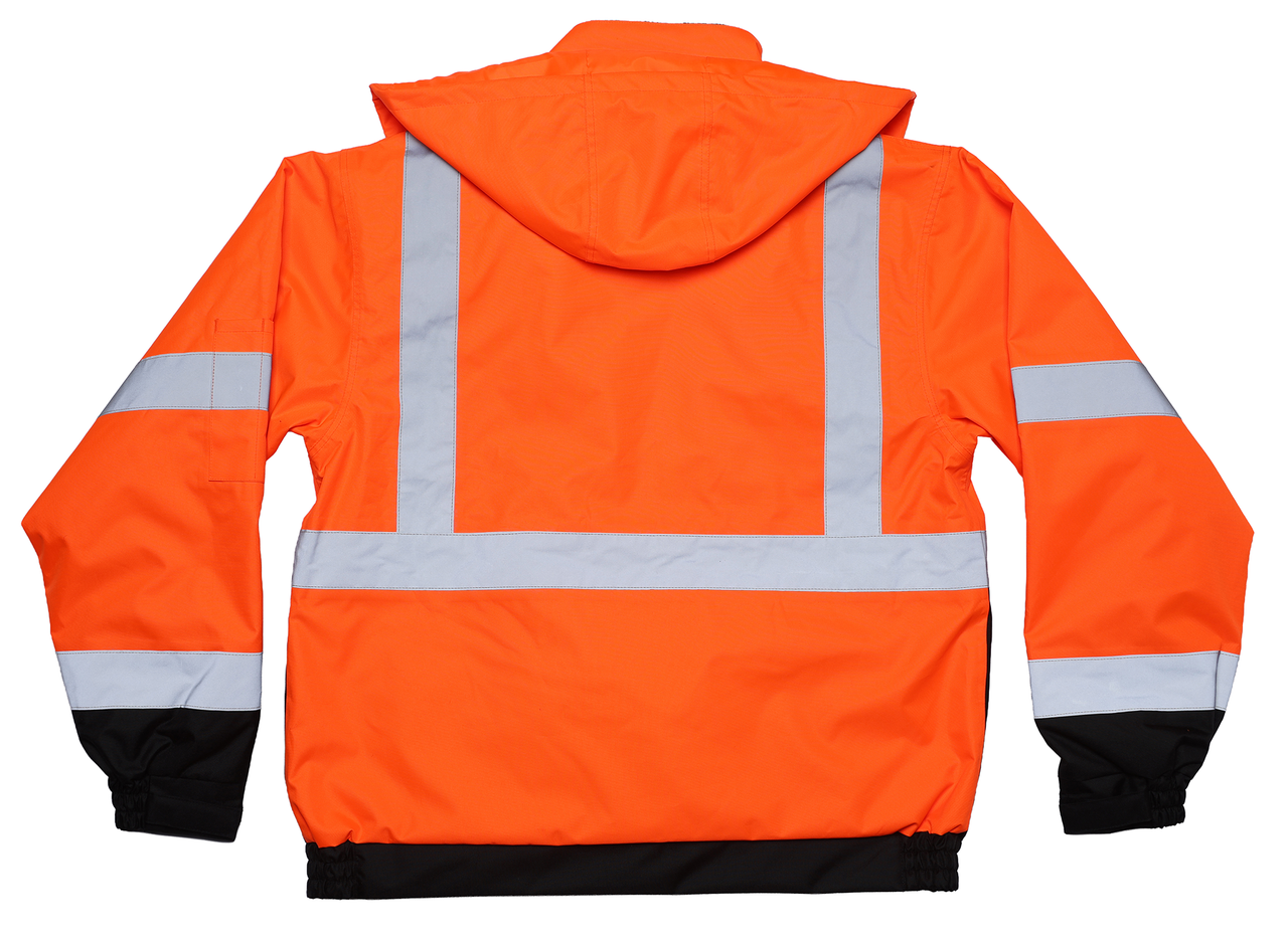High-visibility safety orange jacket back with silver reflective tape, hood, and black lower hem