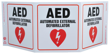ZING Eco Safety Tri View Sign, AED, 7.5Hx20W, Projects 5 Inches, Recycled Plastic