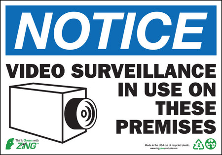ZING Eco Security Label, Notice Video Surveillance, 5Hx7W, Recycled Polystyrene Self Adhesive, 2/Pk