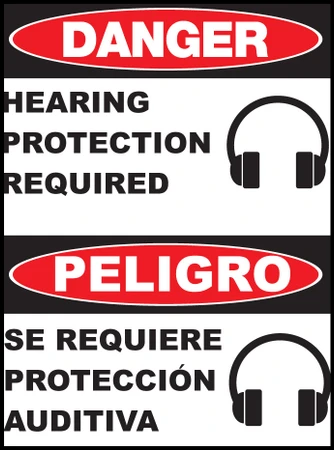 ZING Eco Safety Sign, DANGER Hearing Protection Required (English/Spanish), 14Hx10W, Recycled Plastic
