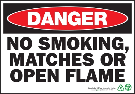 ZING Eco Safety Sign, DANGER No Smoking, Matches or Open Flame, 7Hx10W, Recycled Plastic