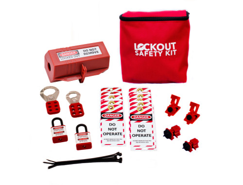 Electrical Lockout Kit with breaker lockouts, lockout tags, and lockout padlocks.