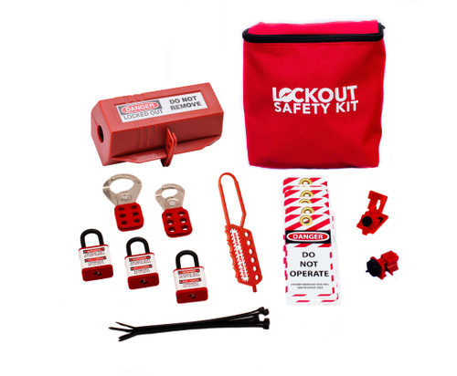Personal Lockout Tagout Kit with lockout padlocks, hasp, and plug lockout device.