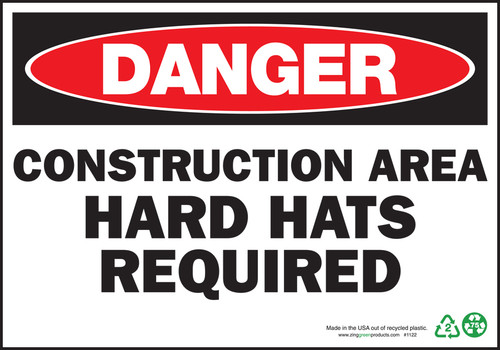 Danger Sign, Construction Area Hard Hats Required, Adhesive