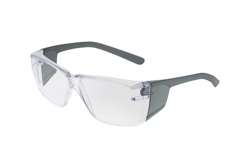 Black wraparound safety glasses with smoke lenses, angled front view
